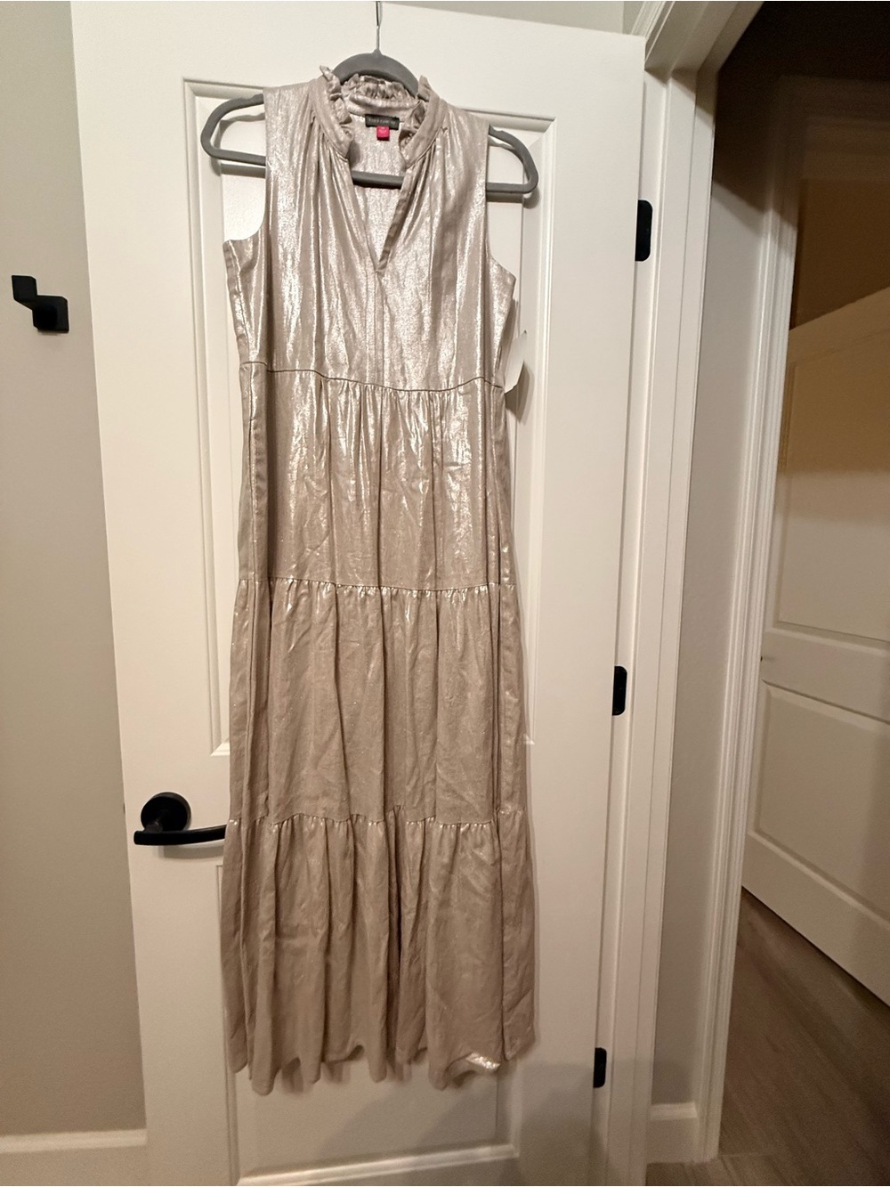 Vince Camuto Metallic Taupe Tiered Maxi Dress
